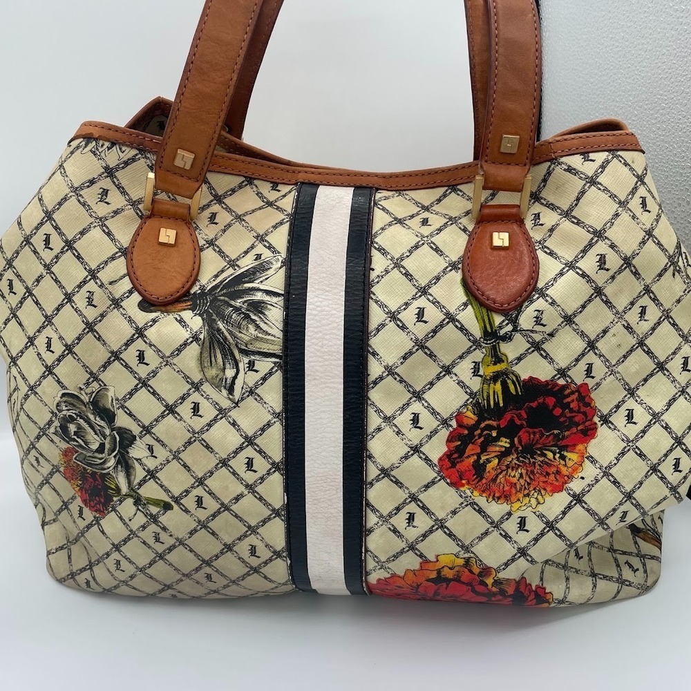 L.A.M.B. Gwen Stefani Calligraphy Roses Large Tote Bag Floral Monogram Y2K - Picture 2 of 15